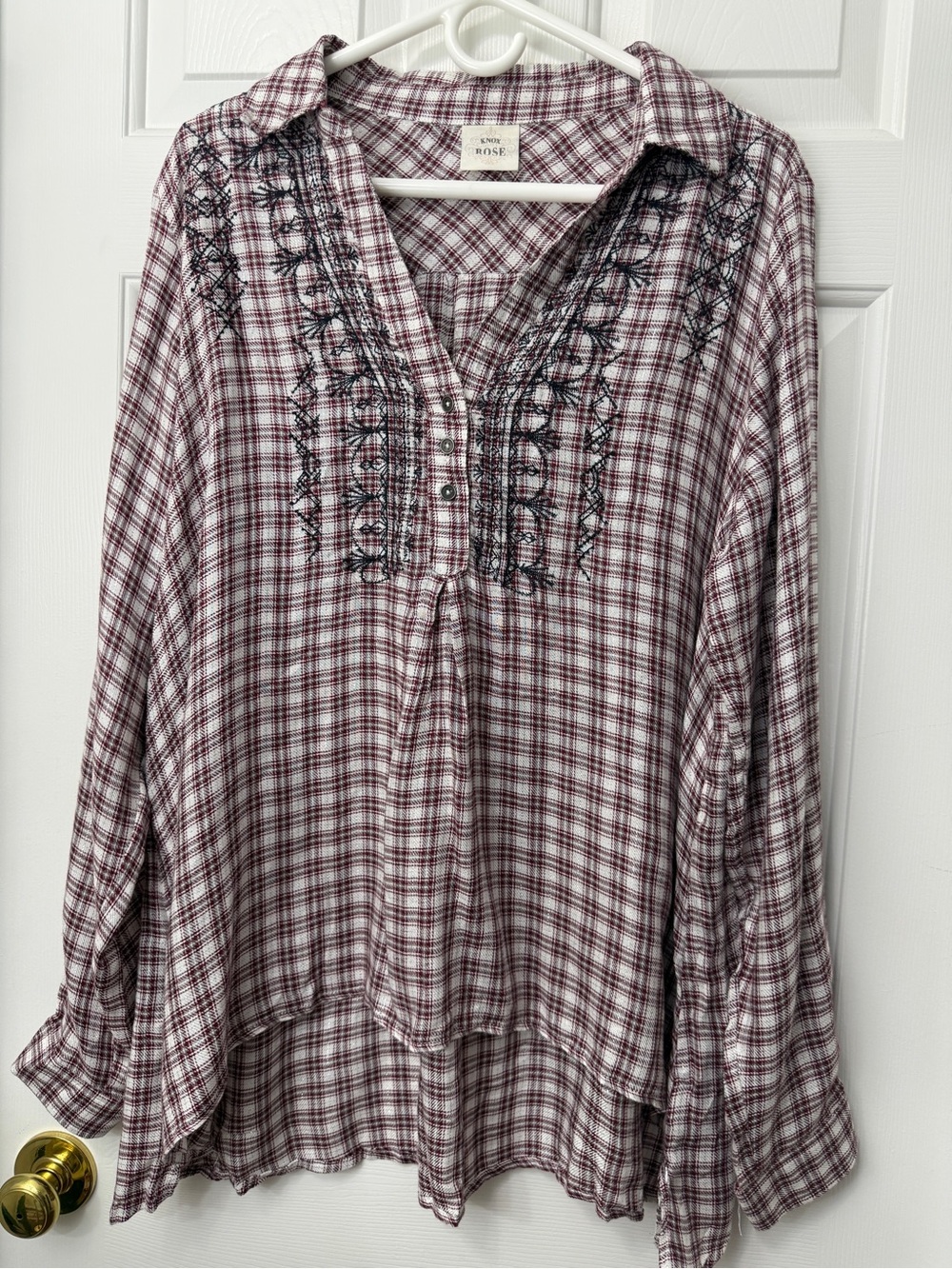 Lucky Brand Burgundy and White Plaid Embroidered Tunic